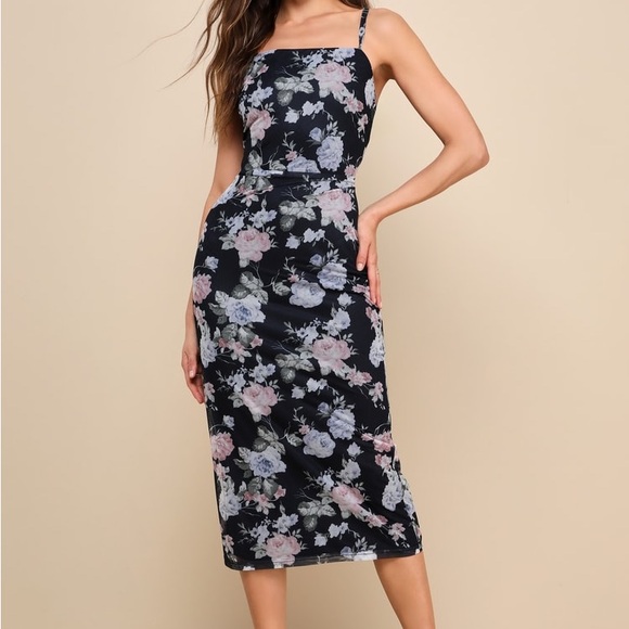 NWT Gorgeous Spirit Navy Blue Floral Mesh Sleeveless Midi Dress - Picture 5 of 5